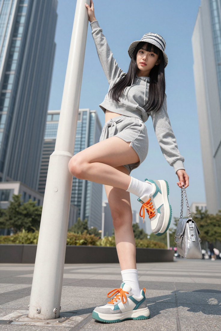 Woman in a grey hoodie and shorts posing with a bucket hat in a cityscape