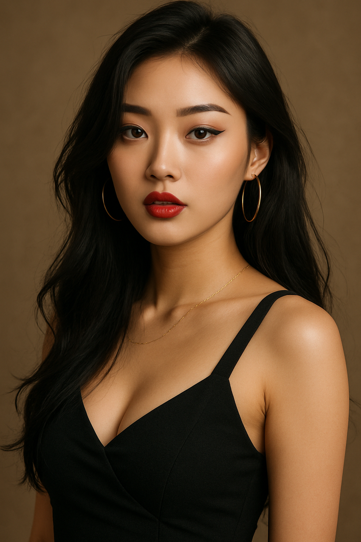 Woman with long black hair and red lipstick wearing a black dress and gold jewelry