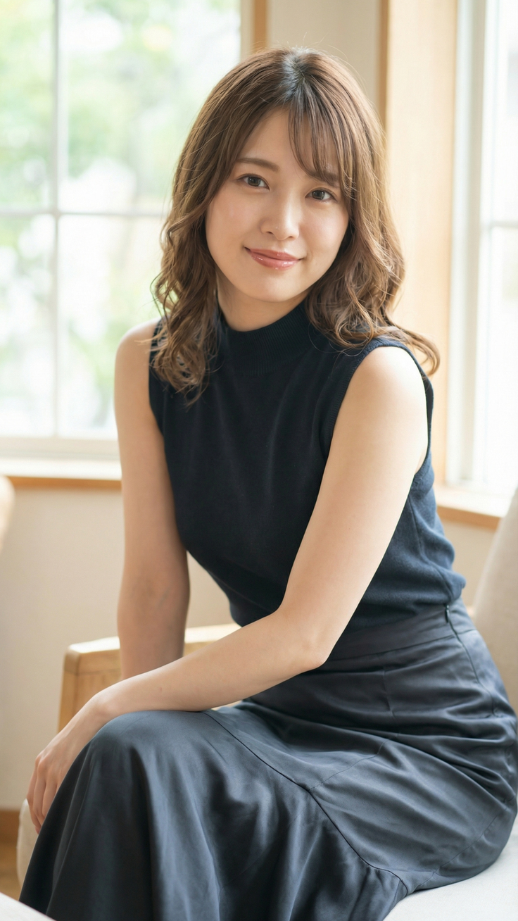 Woman with long hair wearing a sleeveless top and midi skirt, sitting indoors