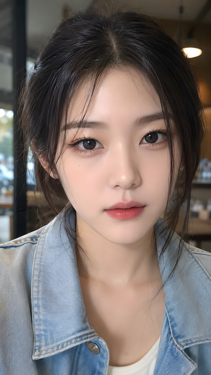 Woman with black hair wearing a denim jacket, captured in a realistic portrait