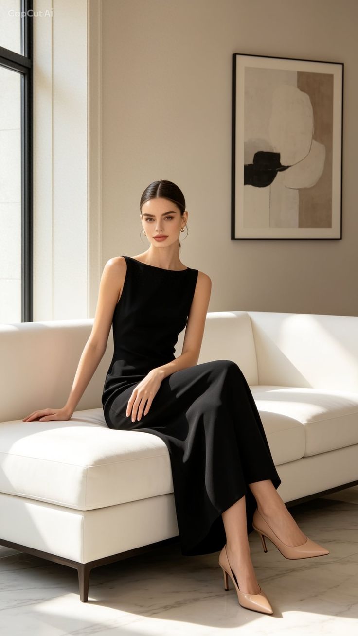 Woman in a black dress and high heels sitting on a white couch indoors