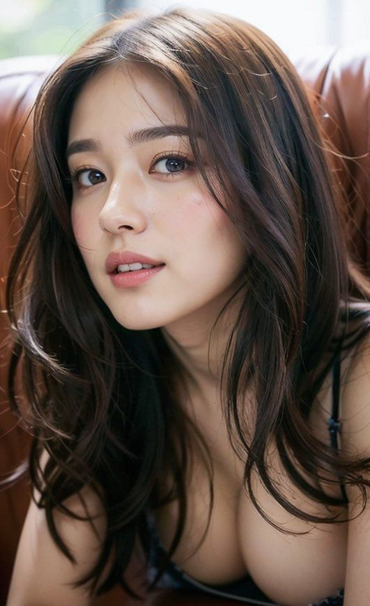 Woman with long dark hair and visible cleavage in soft indoor lighting