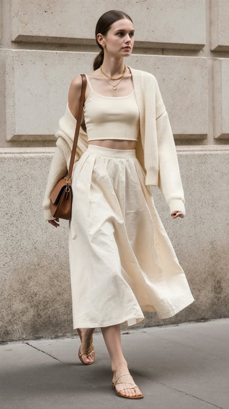 Woman in a cream crop top, midi skirt, and cardigan walking outdoors