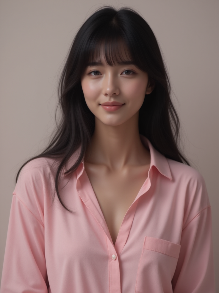Woman with long black hair wearing a pink collared shirt