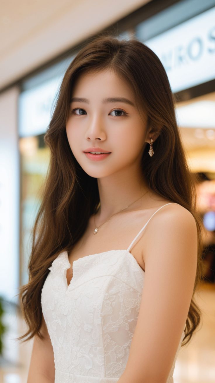 Woman with long brown hair wearing a white lace dress and jewelry