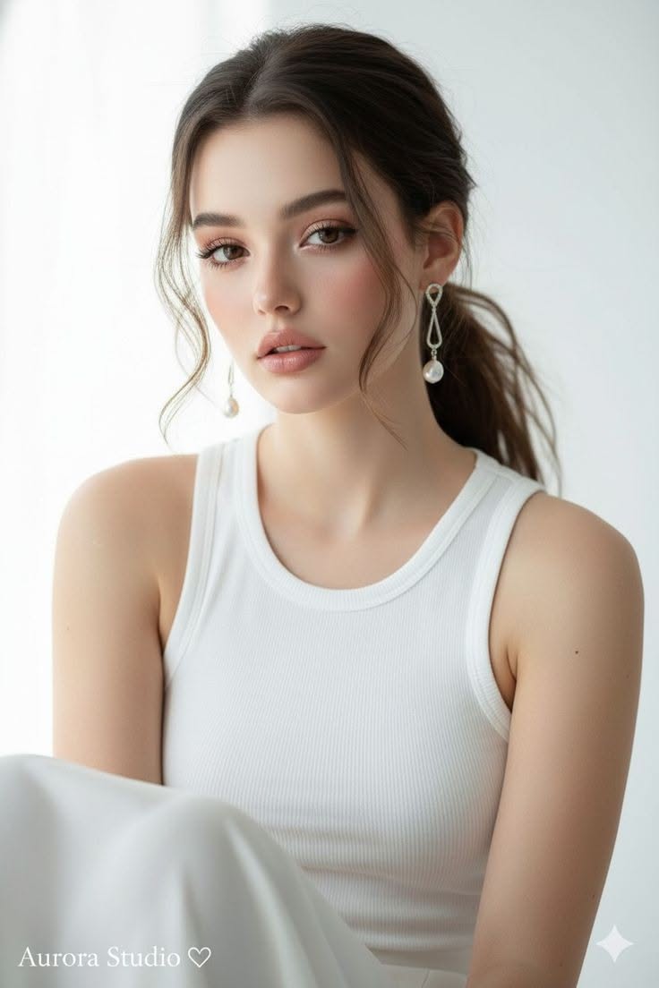 Woman in a white tank top with a ponytail and pearl earrings