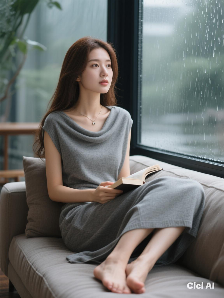 Woman in a gray dress sitting on a couch, looking out a rainy window