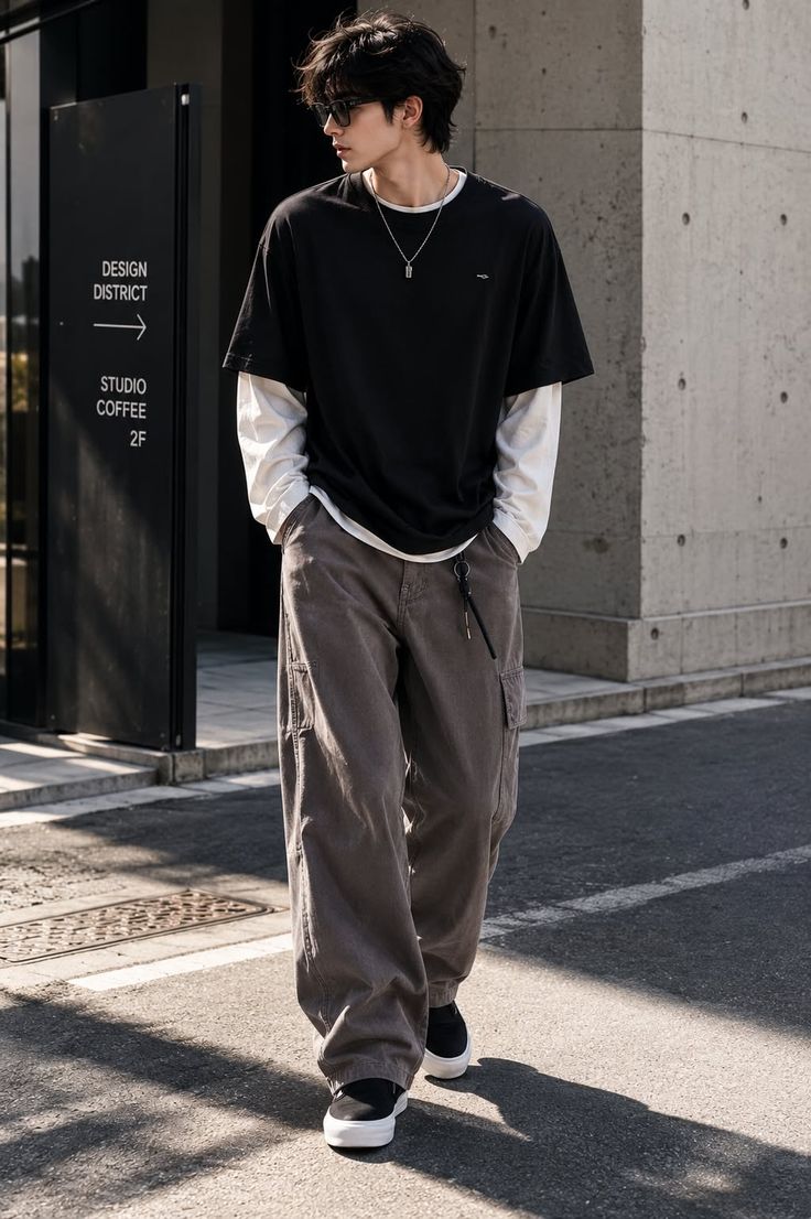 Man in an oversized t-shirt and cargo pants walking on an urban street
