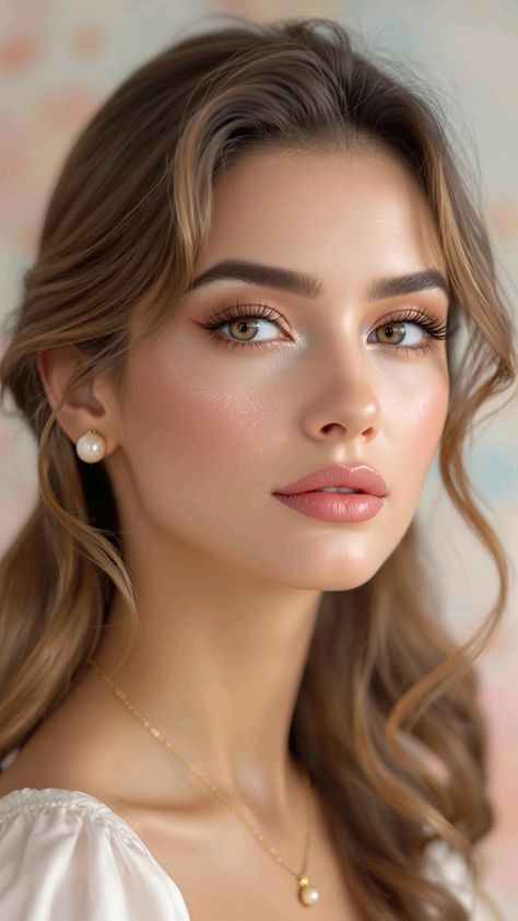 Woman with long wavy hair and pearl jewelry looking directly at the viewer