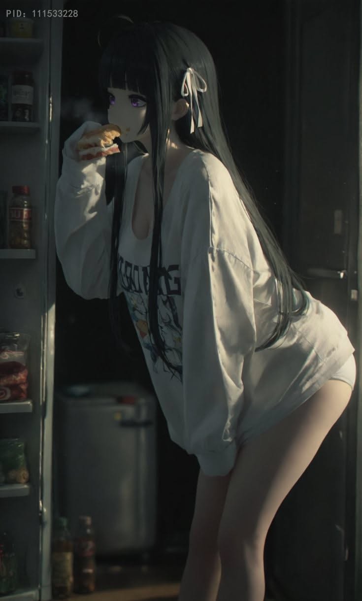 Anime girl in an oversized shirt eating a sandwich from the fridge