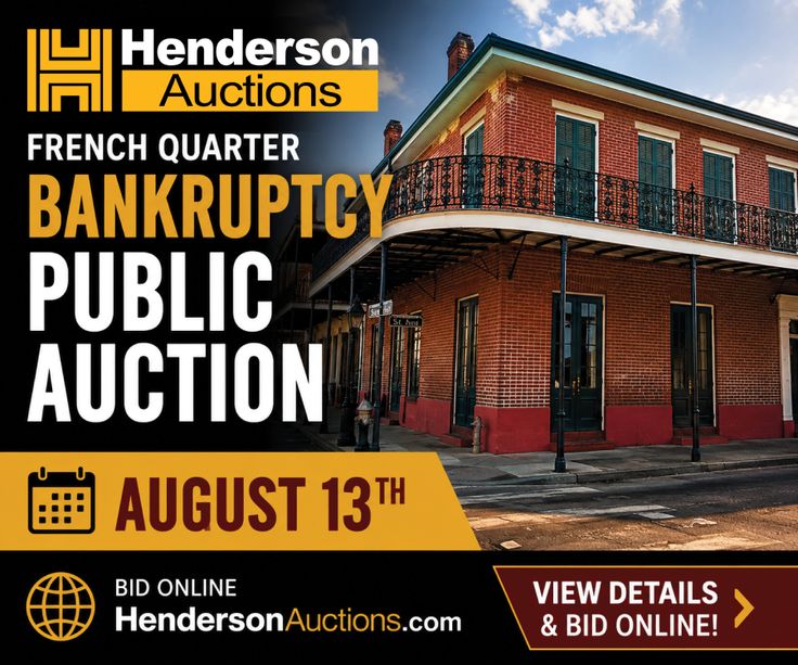 A brick building with a balcony in the French Quarter, used as a background for an auction advertisement