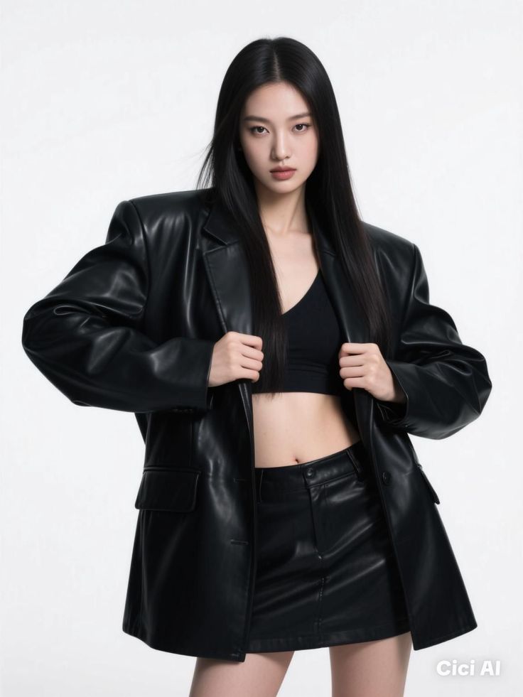 Woman in a black leather jacket and mini skirt with a crop top in a studio