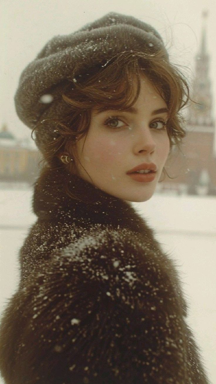 Woman in a fur coat and beret with snowflakes on her shoulders in a winter setting