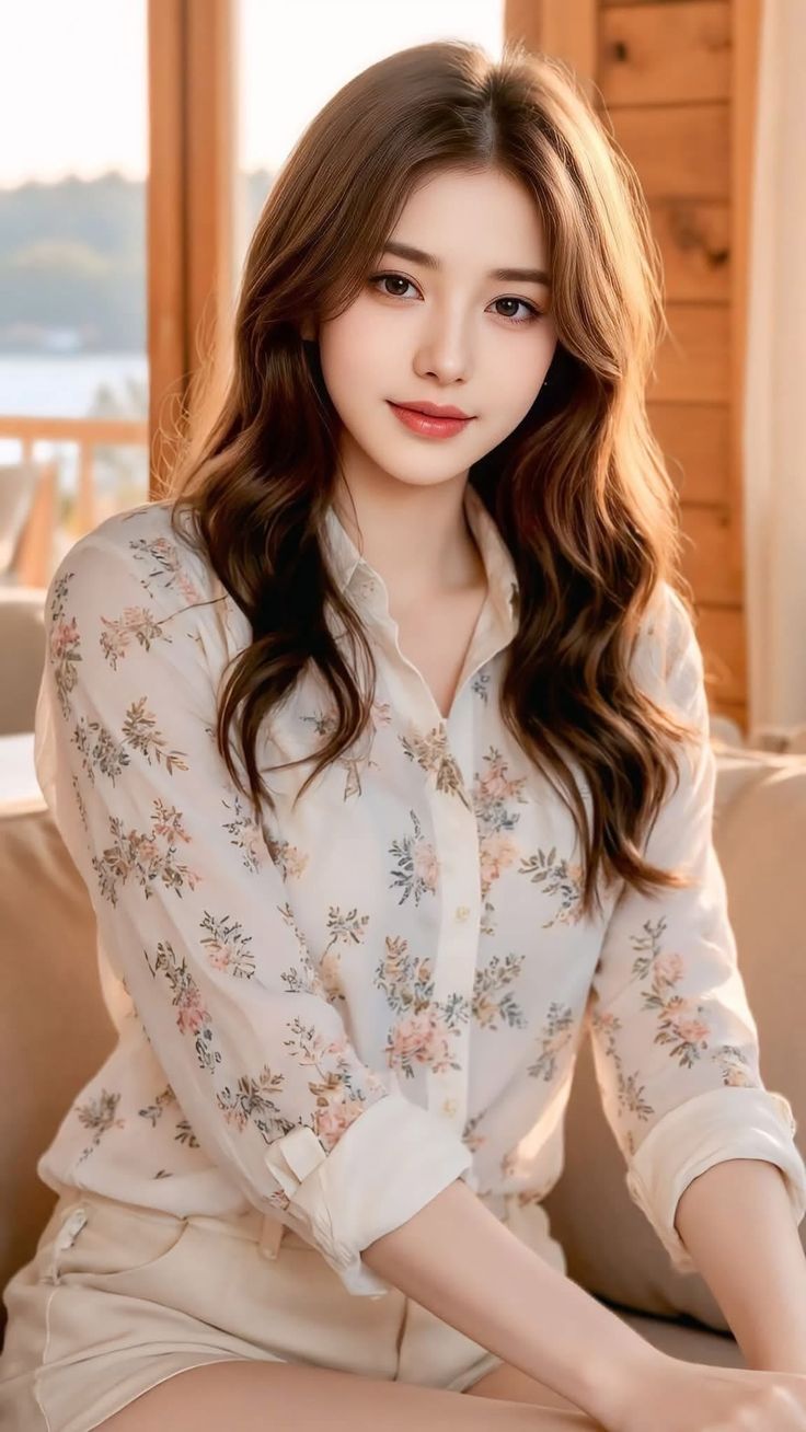 Woman with long brown hair wearing a floral shirt indoors with soft lighting