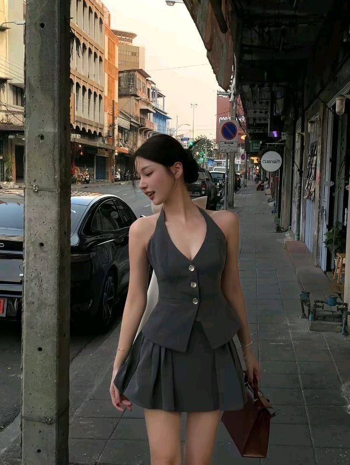 Woman in a dark gray halter top and pleated skirt walking on a street