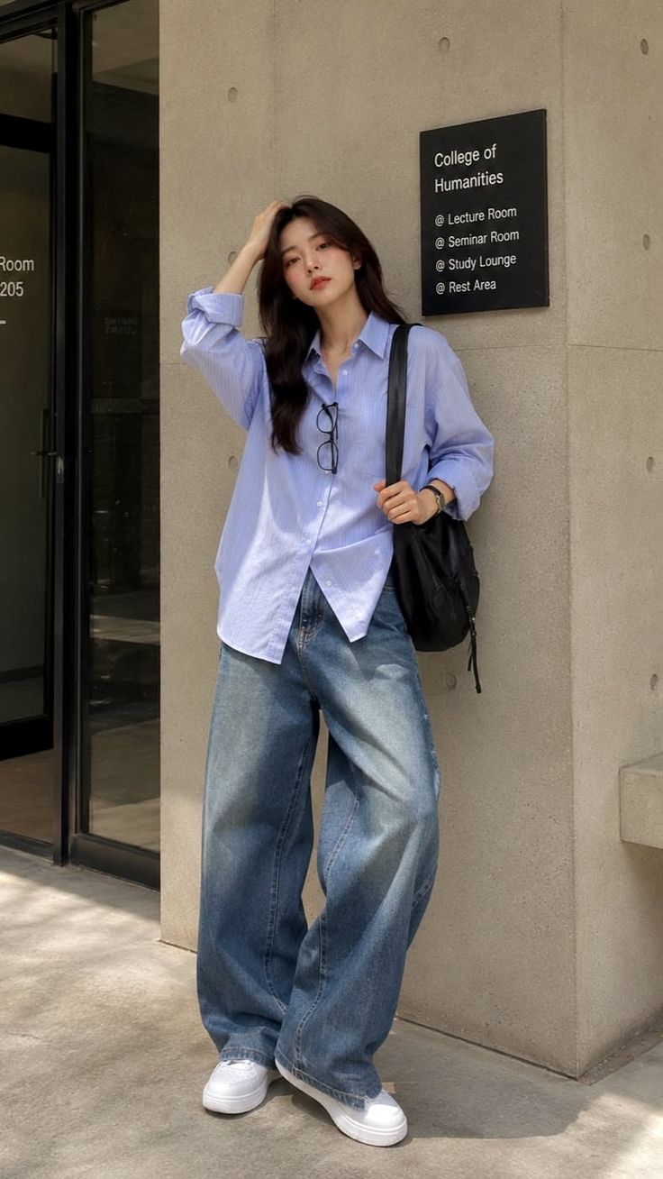 Woman in a blue shirt and wide leg jeans leaning against a wall outdoors