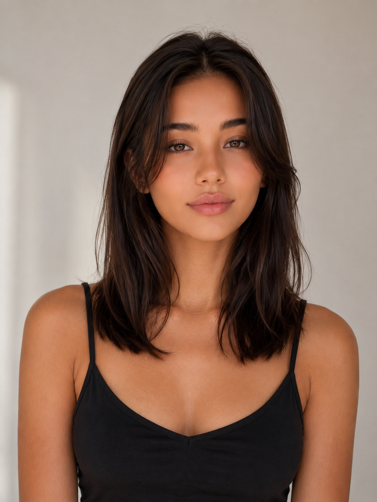 Woman with dark hair wearing a black top, captured in a soft-lit portrait
