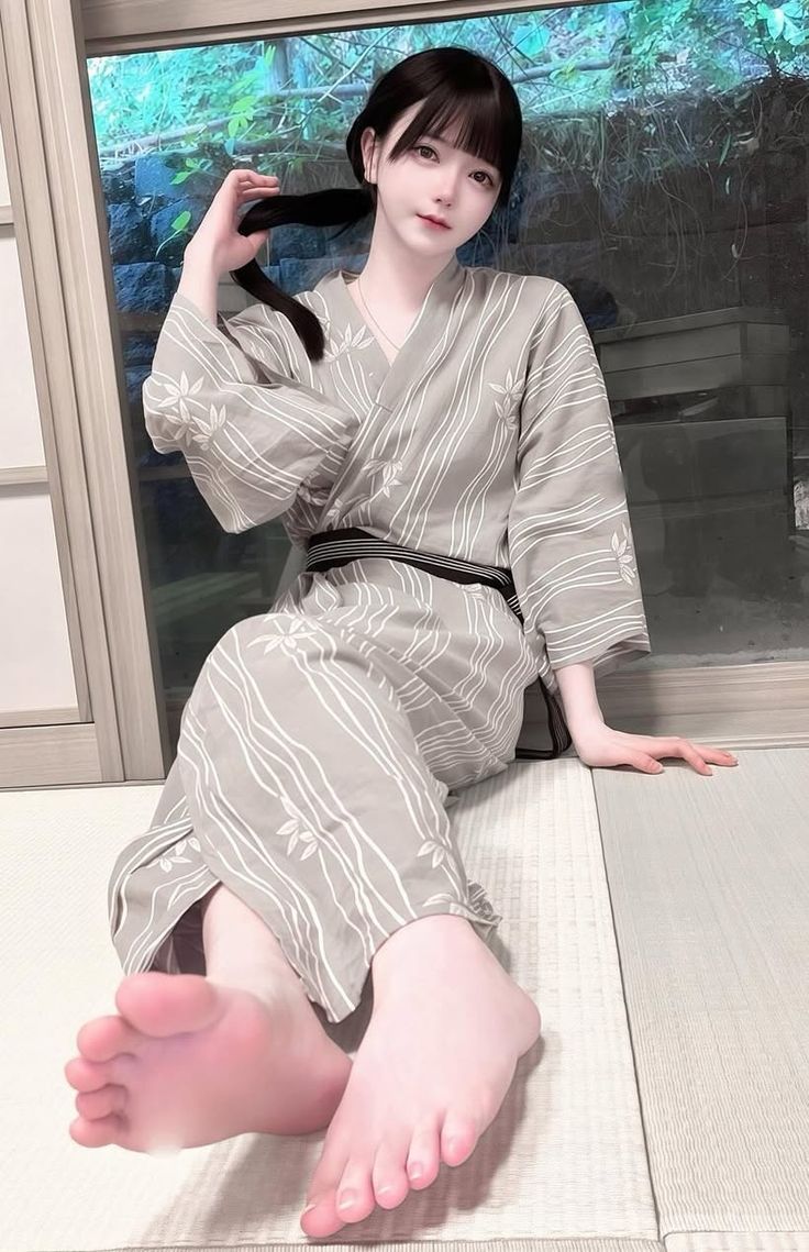Woman in a yukata sitting on a tatami mat with exposed feet