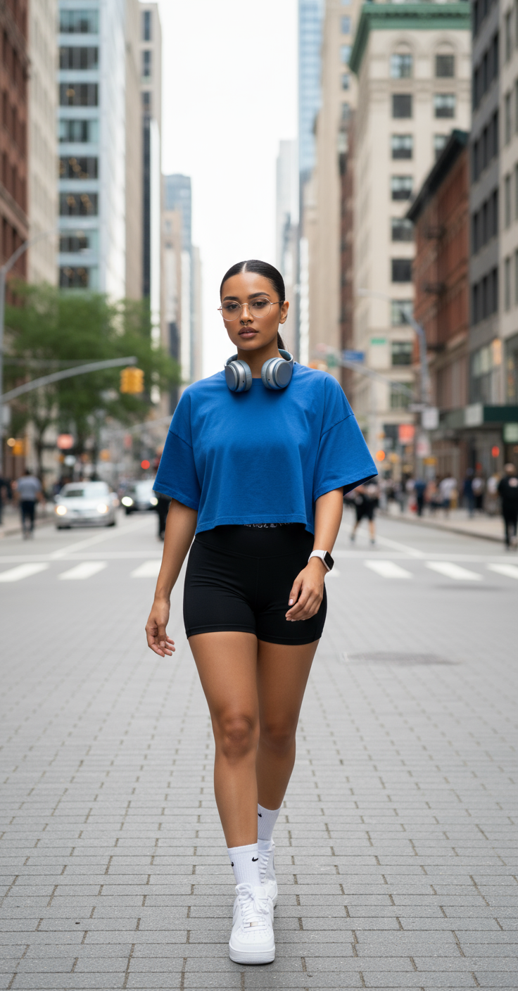Woman in a blue shirt and black shorts walking down a city street
