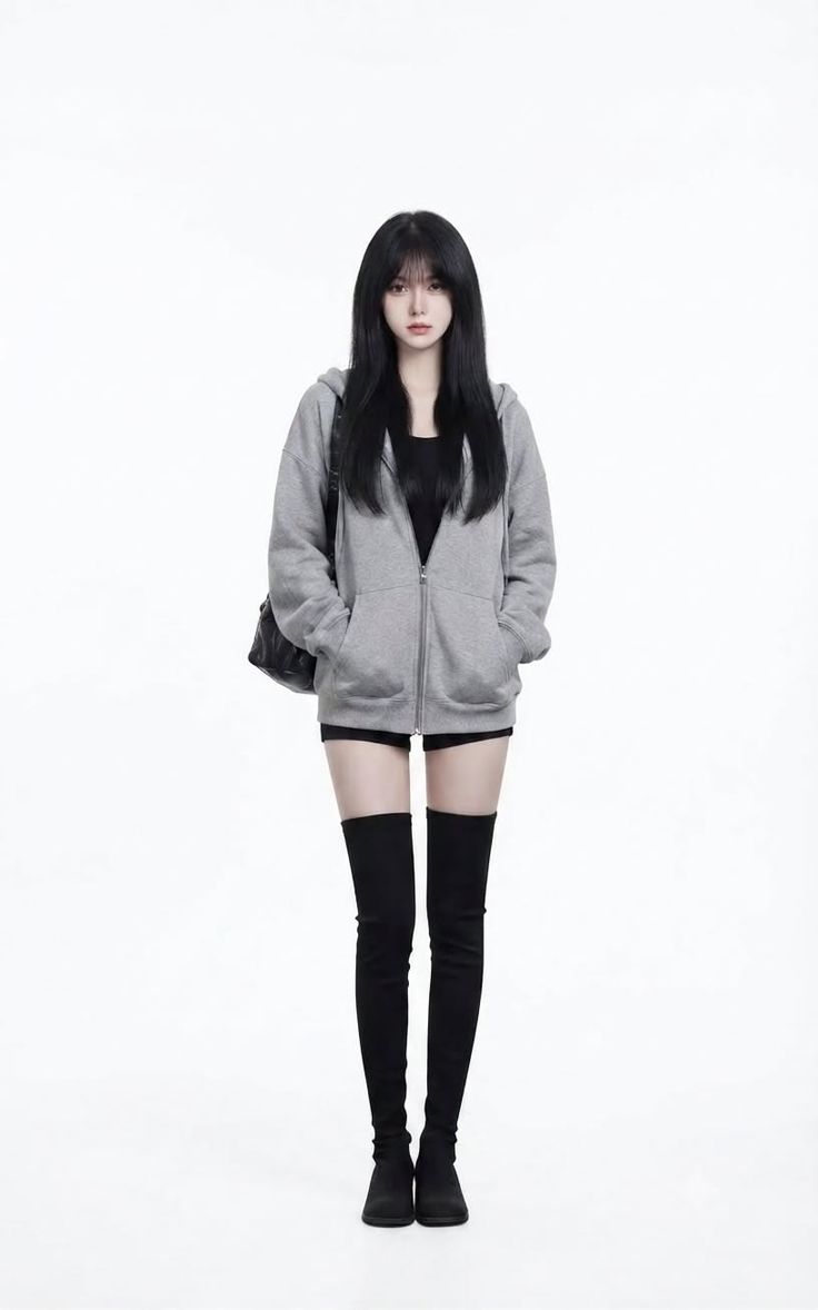 Woman with long black hair wearing a grey hoodie, black shorts, and thigh-high boots