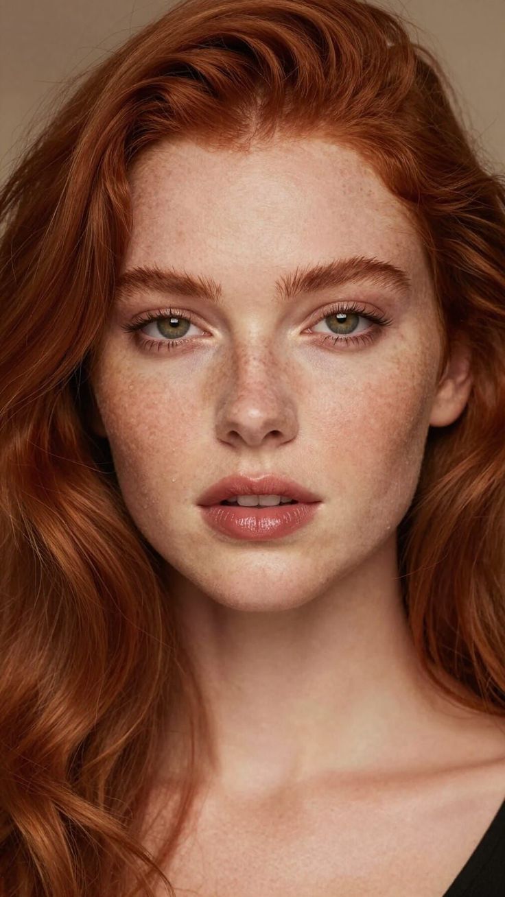 Close up portrait of a woman with red hair, freckles, and green eyes