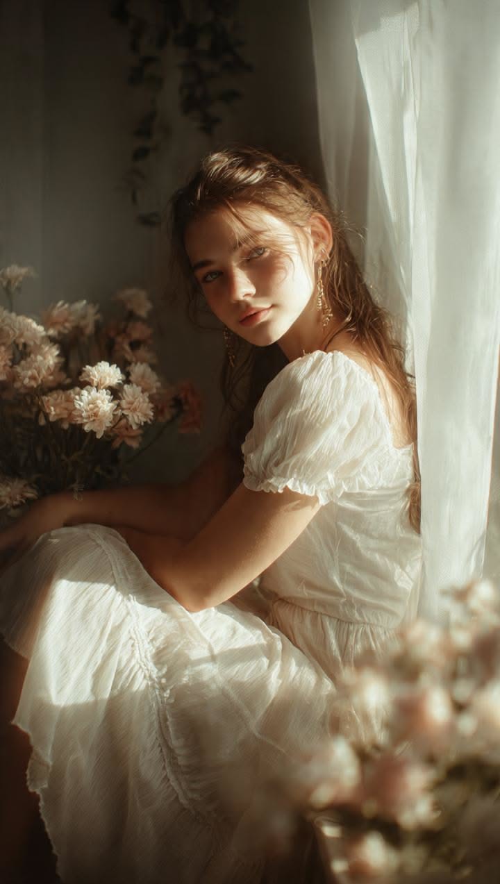 Woman in a white dress with long hair sitting by a window with soft lighting