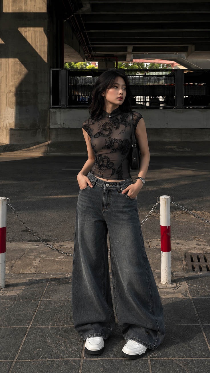 Woman in a sheer dragon-patterned top and wide-leg jeans in an urban setting