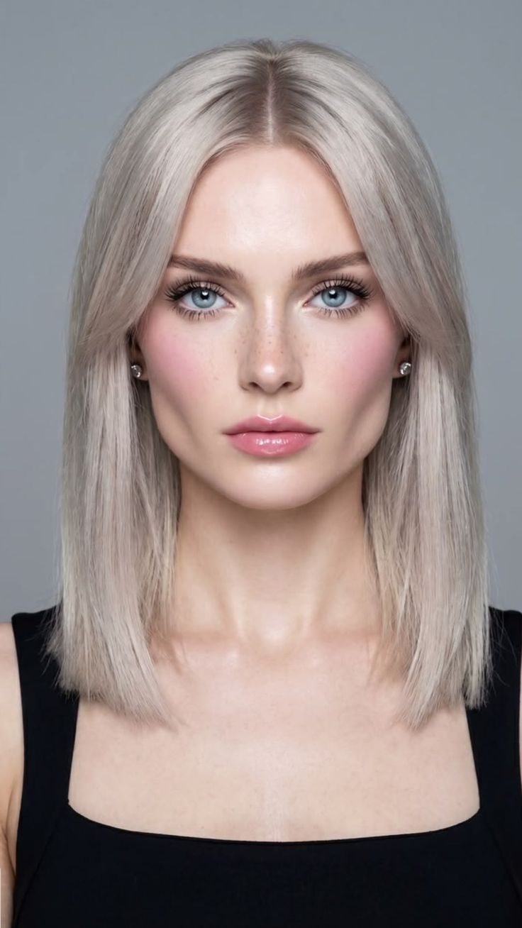 Woman with blonde hair and blue eyes wearing a black top