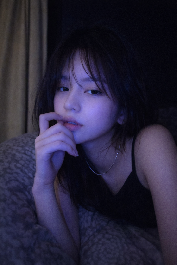 Woman with dark hair in a black top, lying down with soft lighting