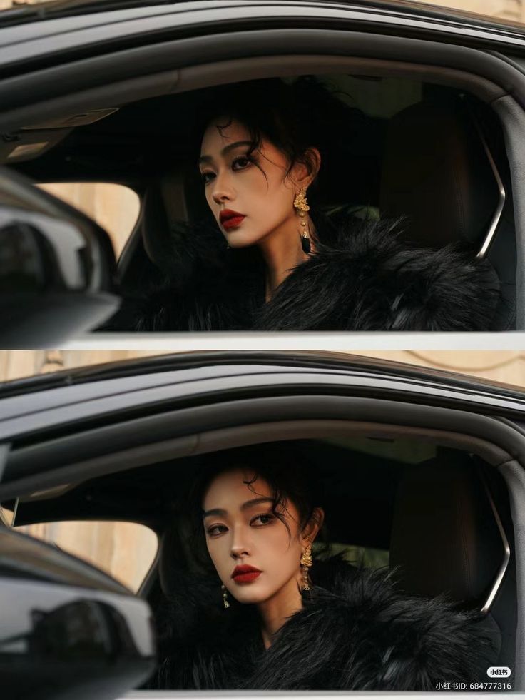 Woman in a black fur coat and red lipstick in a car