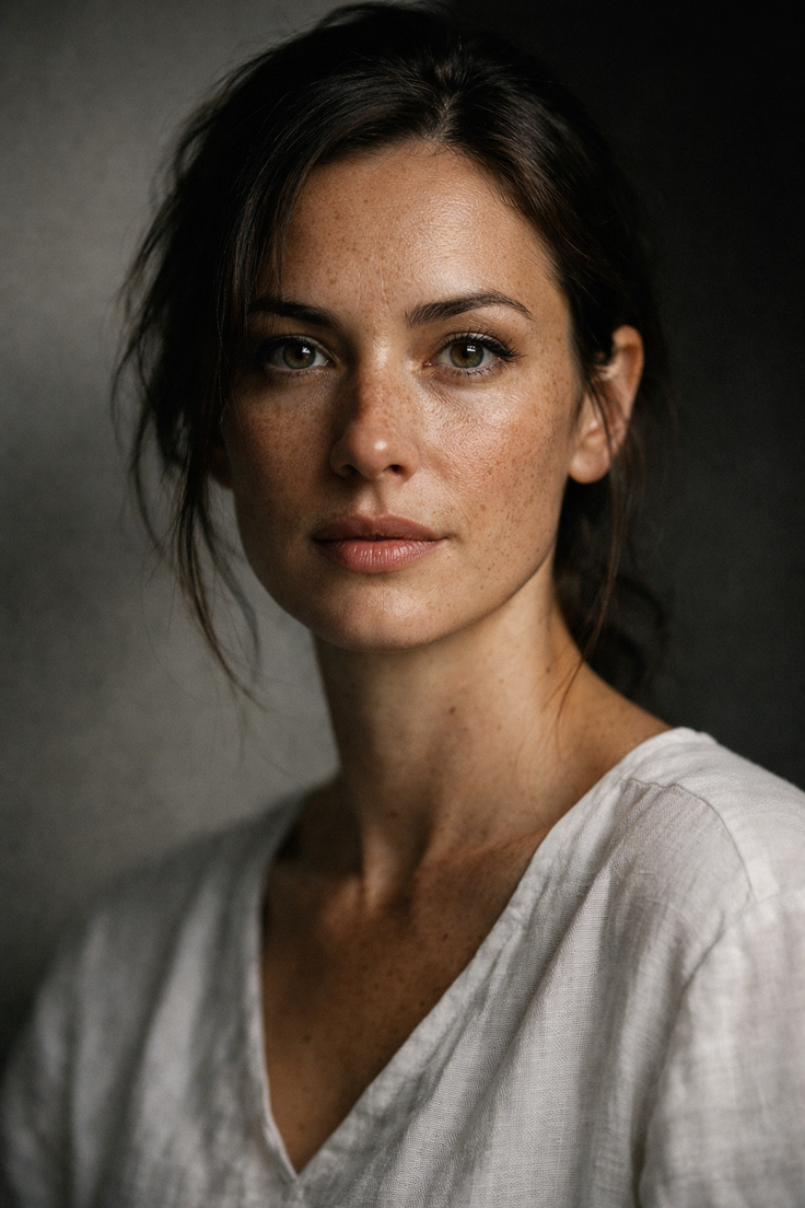 Woman with freckles and dark hair wearing a white v-neck shirt