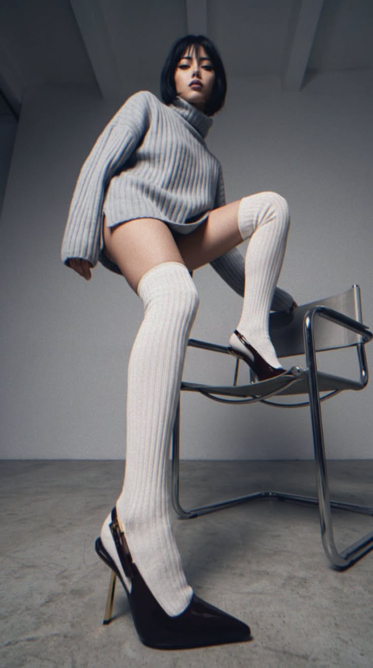 Woman in a grey turtleneck sweater and thigh-high socks posing on a chair