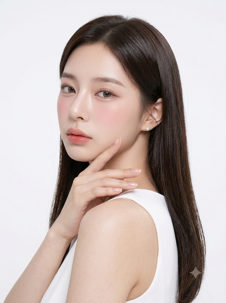 Woman with long dark hair and a white top, touching her face