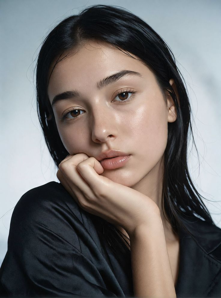 Woman with long black hair wearing a black shirt, resting her chin on her hand