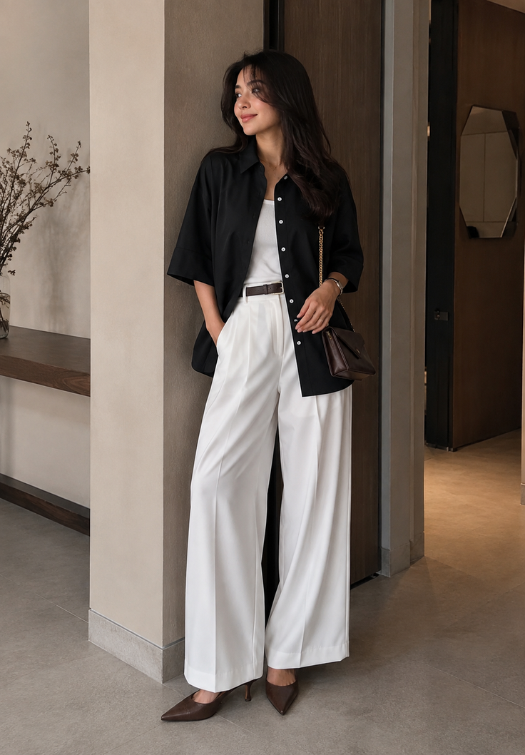 Woman in a black shirt and white pants with a shoulder bag indoors