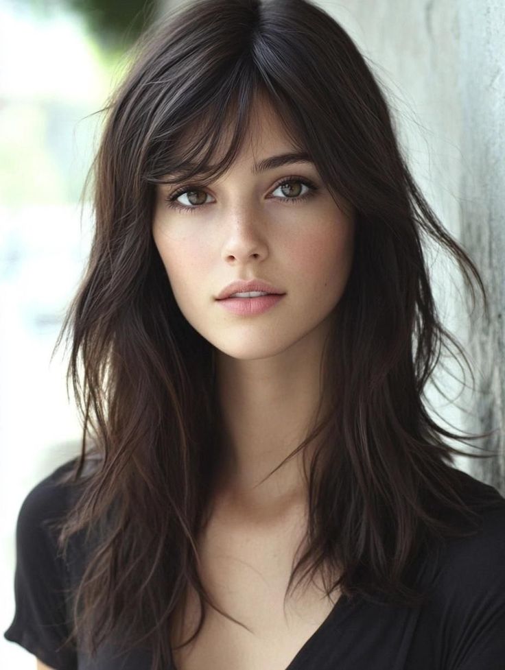 Woman with long dark hair and freckles in a soft-lit portrait