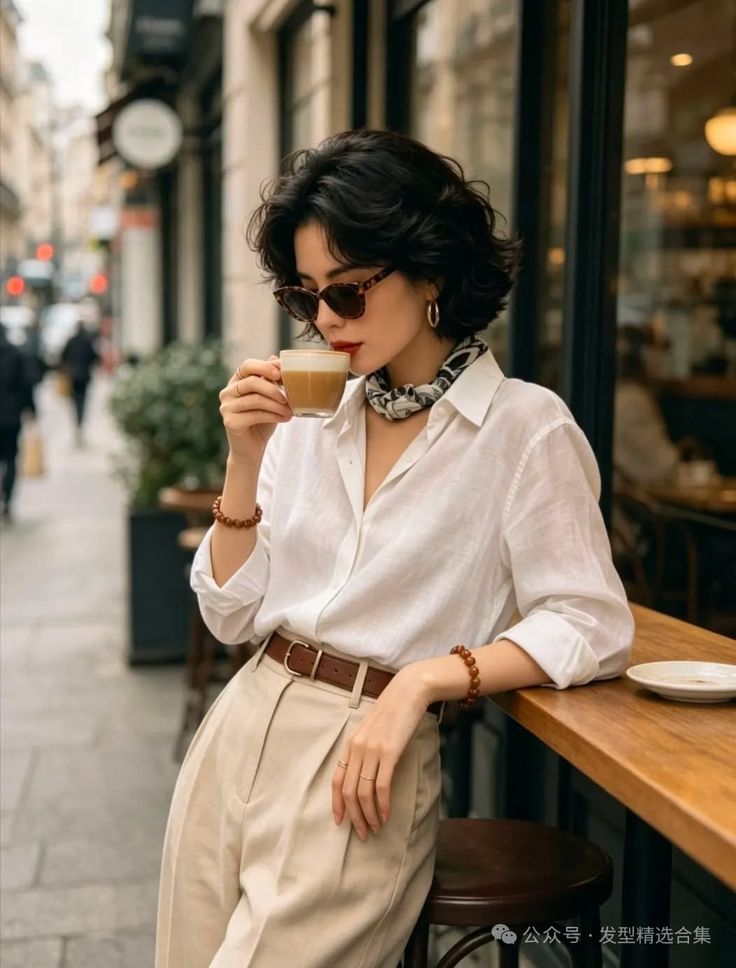 Woman with short hair and sunglasses drinking coffee at an outdoor cafe