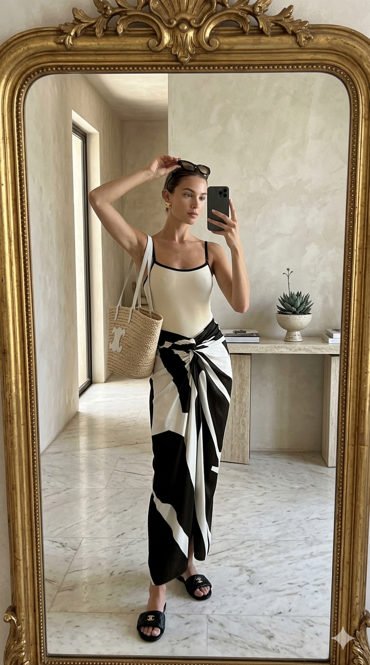 Woman in a swimsuit and sarong taking a mirror selfie indoors