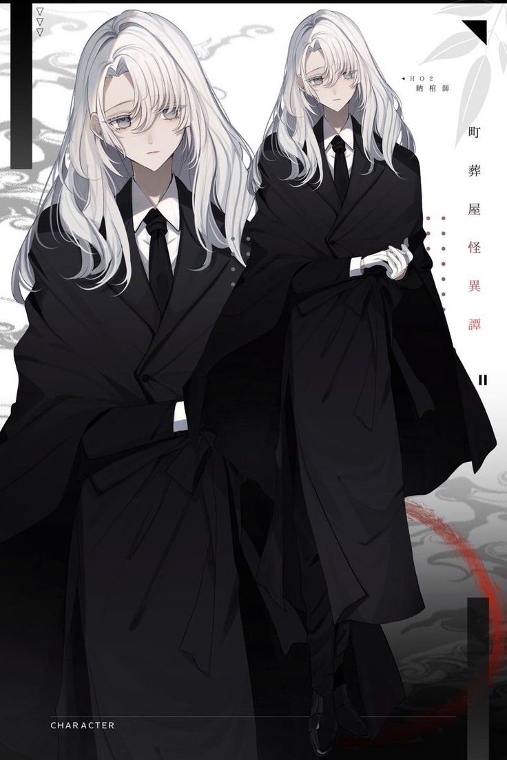 Anime character with long white hair in a black suit and tie