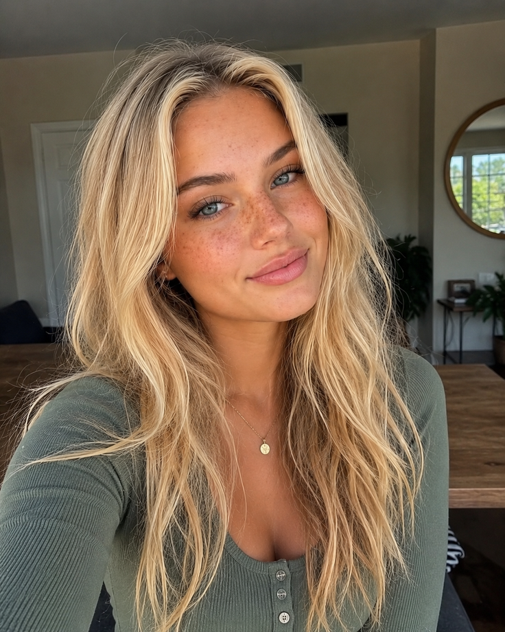 Woman with long blonde hair and freckles wearing a green top indoors