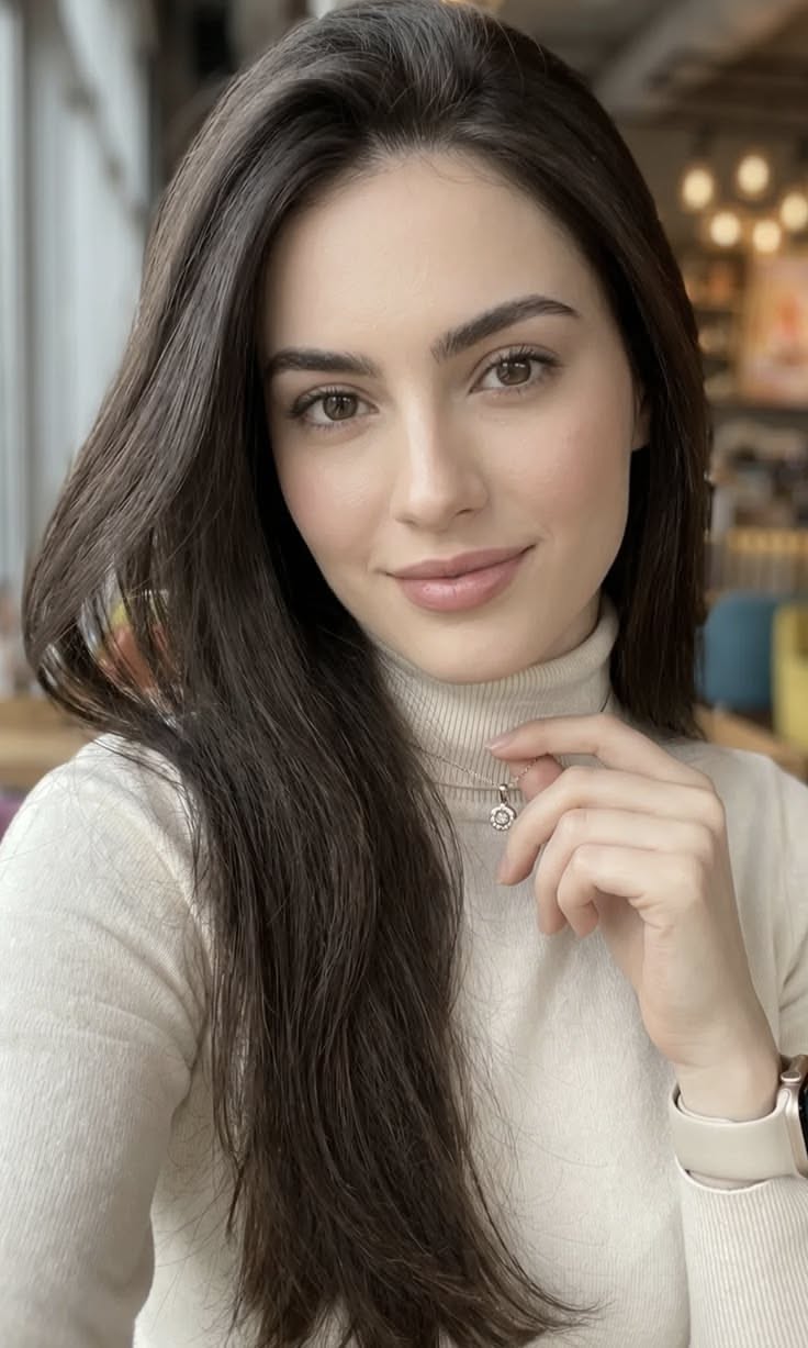 Woman with long dark hair wearing a turtleneck sweater and necklace indoors