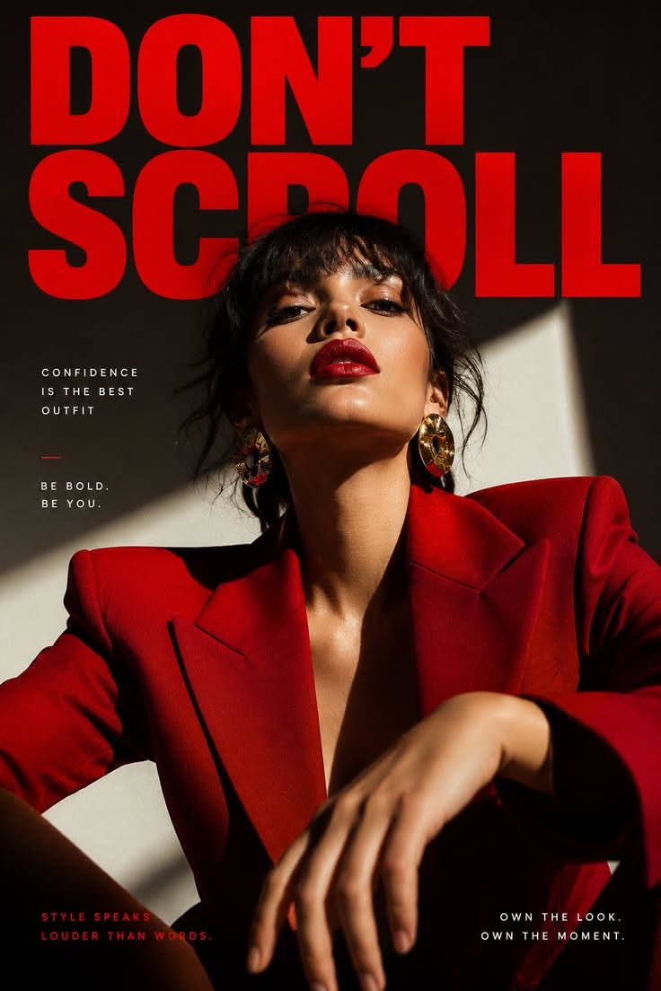 Woman in a red blazer with red lipstick and dramatic lighting
