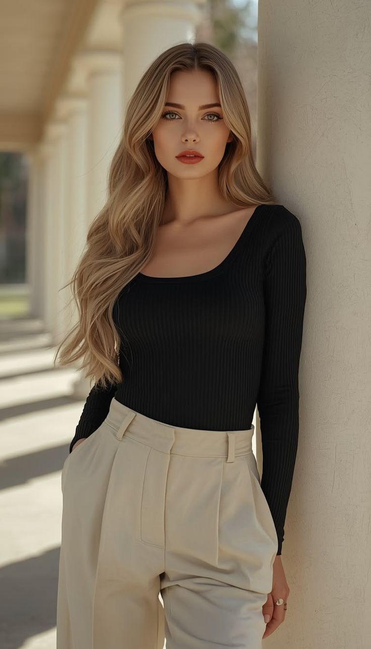 Woman with long blonde hair wearing a black top and beige pants leaning against a column
