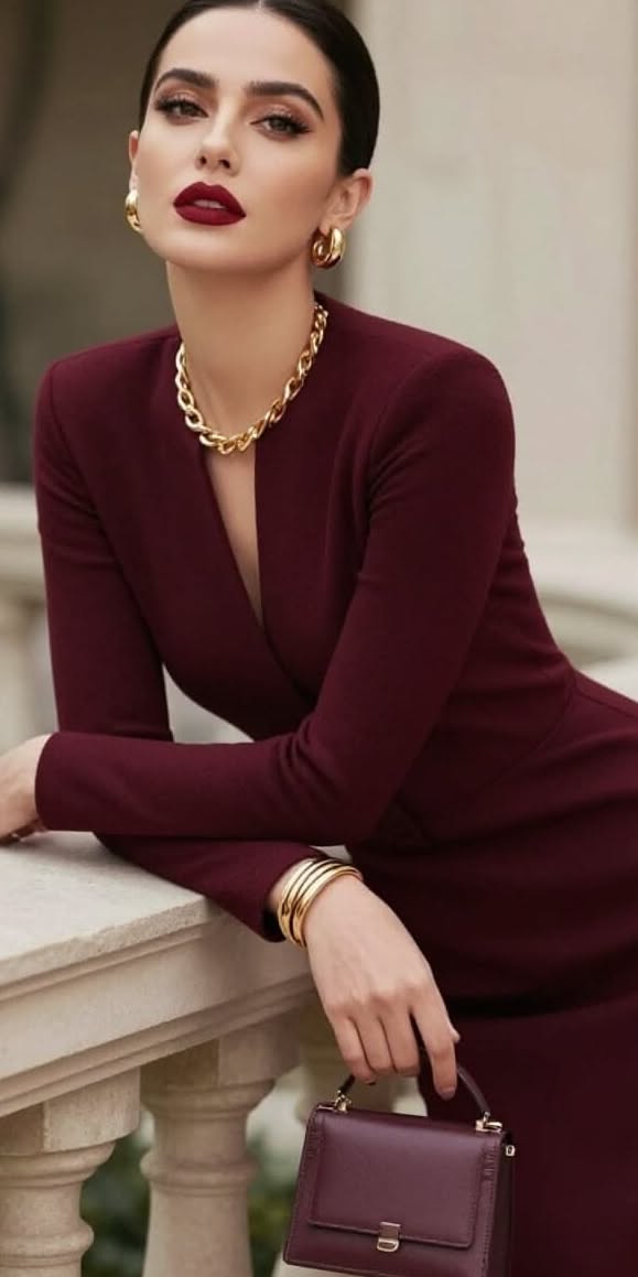 Woman in a maroon dress with gold jewelry and red lipstick posing elegantly