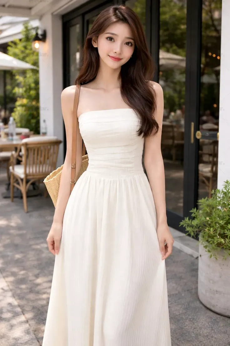 Woman in a white strapless dress and straw bag outdoors