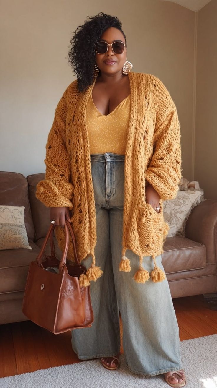 Woman in a chunky knit cardigan, wide leg jeans, and sunglasses holding a brown bag