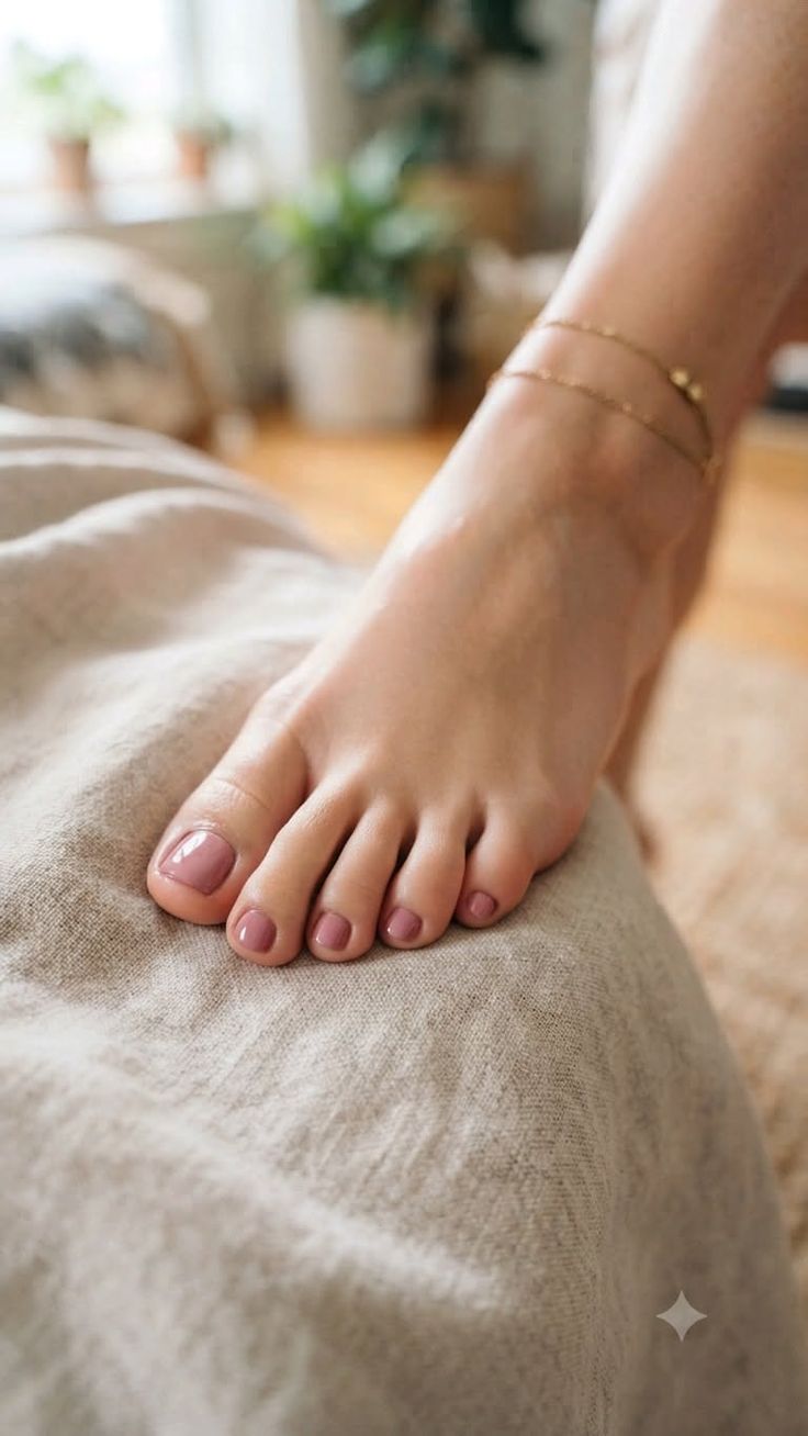 A bare foot with pink painted toenails and an anklet, resting on a light fabric