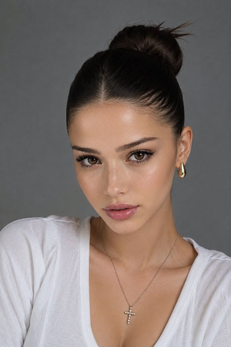Woman with dark hair in a bun, wearing a white shirt and cross necklace