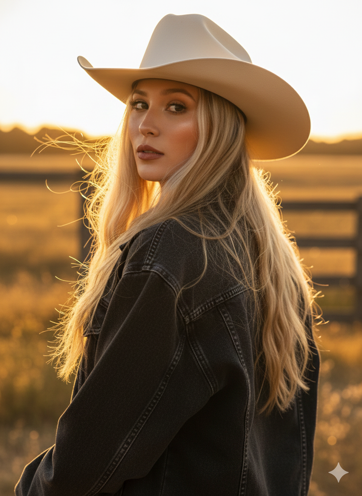 Woman in a cowboy hat and denim jacket at golden hour