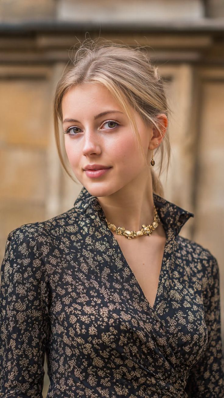Young woman with blonde hair wearing a patterned dress and gold necklace outdoors